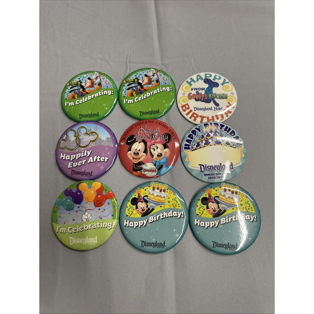 9 Disneyland Circle Pins Lot I'm Celebrating, Happy Birthday Anniversary Goofy